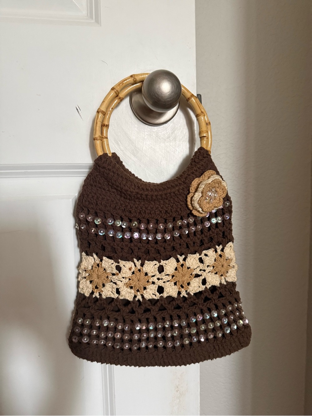 Lilu Brown Crochet Bag with Bamboo Handles and Cream Flower Accents